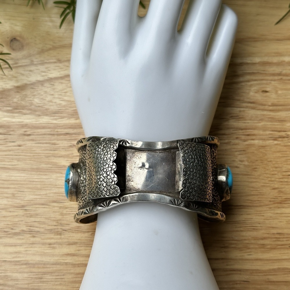 Hopi‎ Watch Bracelet Size 7 Bisbee Turquoise Lizard Signed CL Sterling 95.4g USA